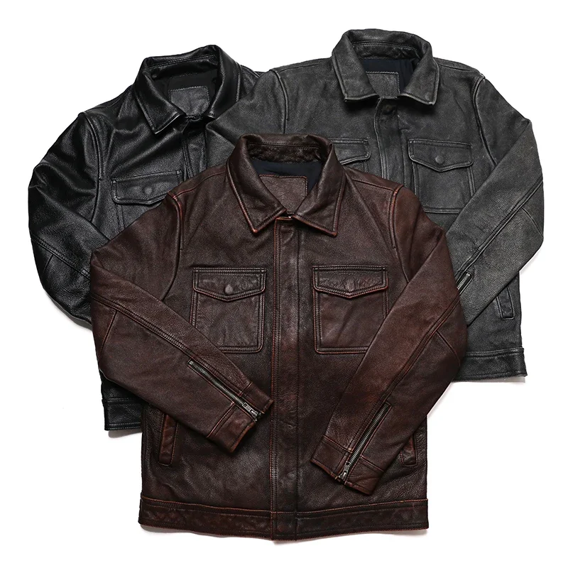 Leather Work Jacket - Classical Red Brown Vintage Genuine Leather