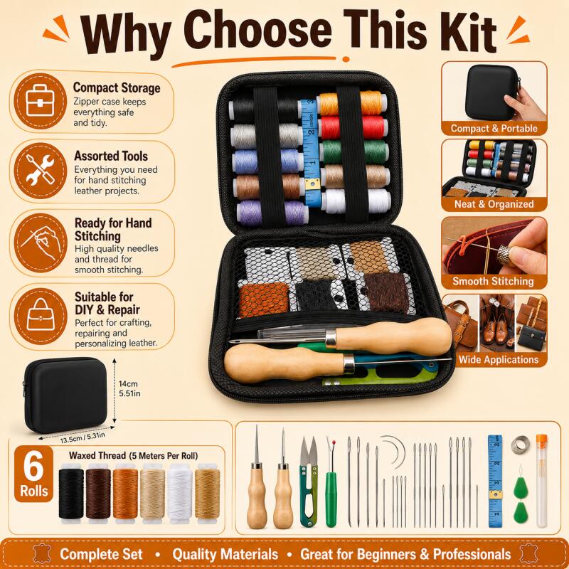 Beginner Leatherwork Kit - Leather Sewing Kit with Waxed Thread