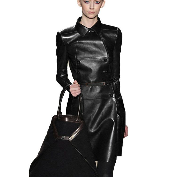 Double-breasted Long Leather T - Leather Work Jacket Women'S 评论和价格
