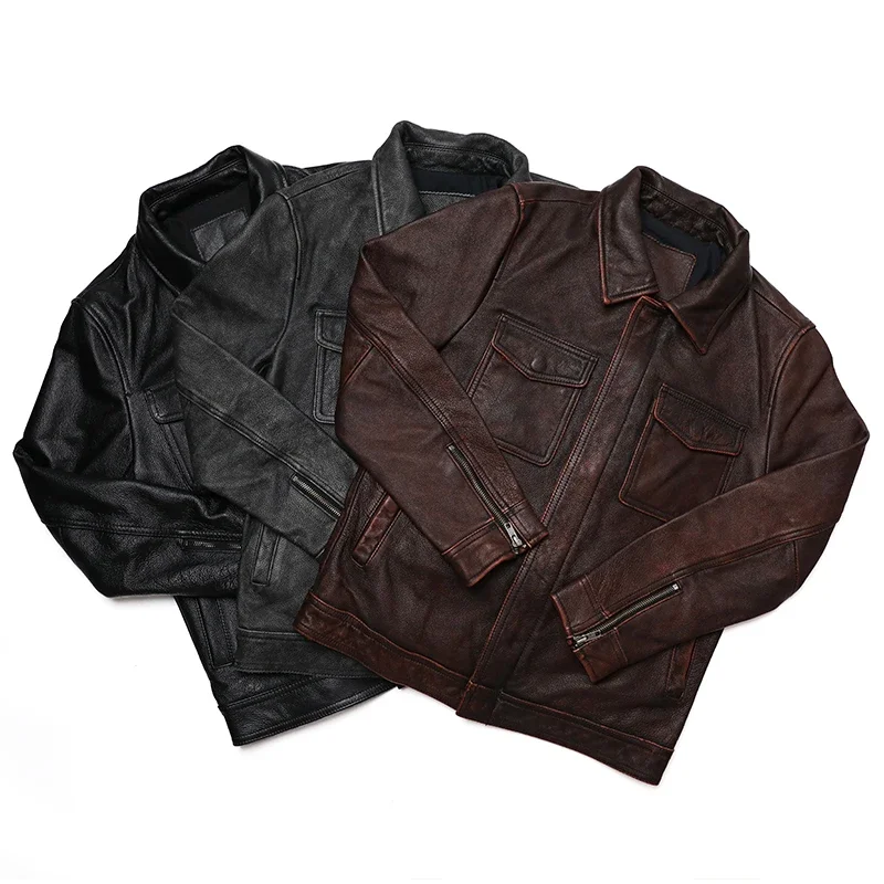 Classical Red Brown Vintage Ge - Leather Work Jacket 评论和价格