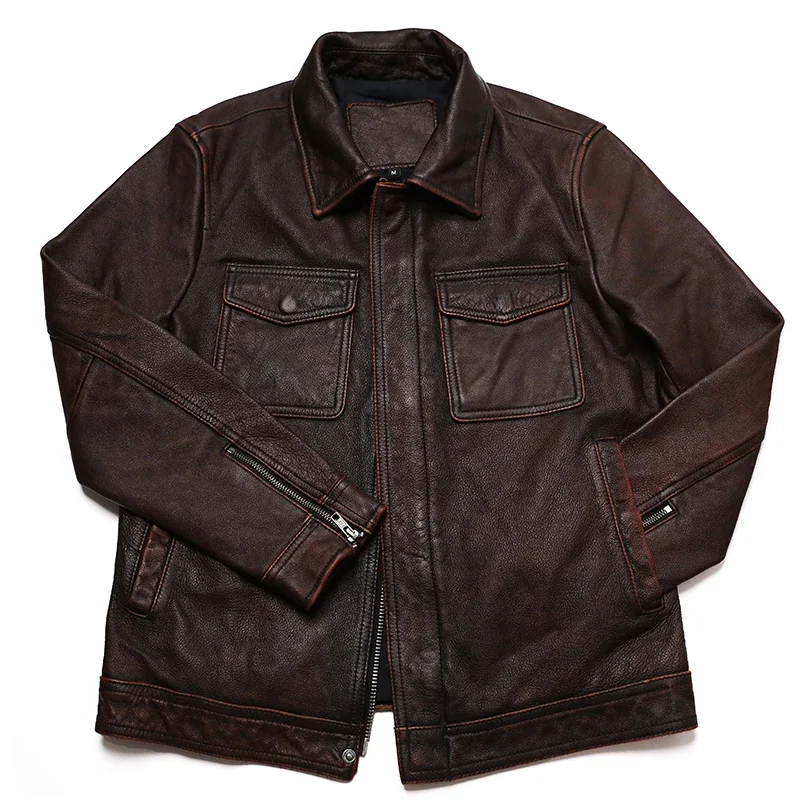 Classical Red Brown Vintage Ge - Leather Work Jacket 评论和价格