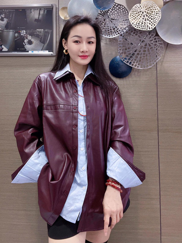 Women's Grape Purple PU Leathe - Leather Work Jacket 评论和价格
