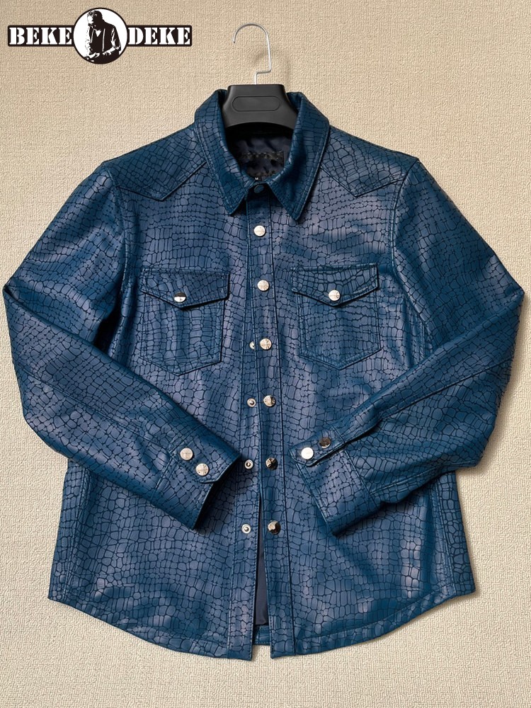Men Spring Crocodile Pattern R - Leather Work Jacket 评论和价格