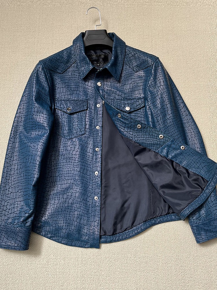 Men Spring Crocodile Pattern R - Leather Work Jacket 评论和价格